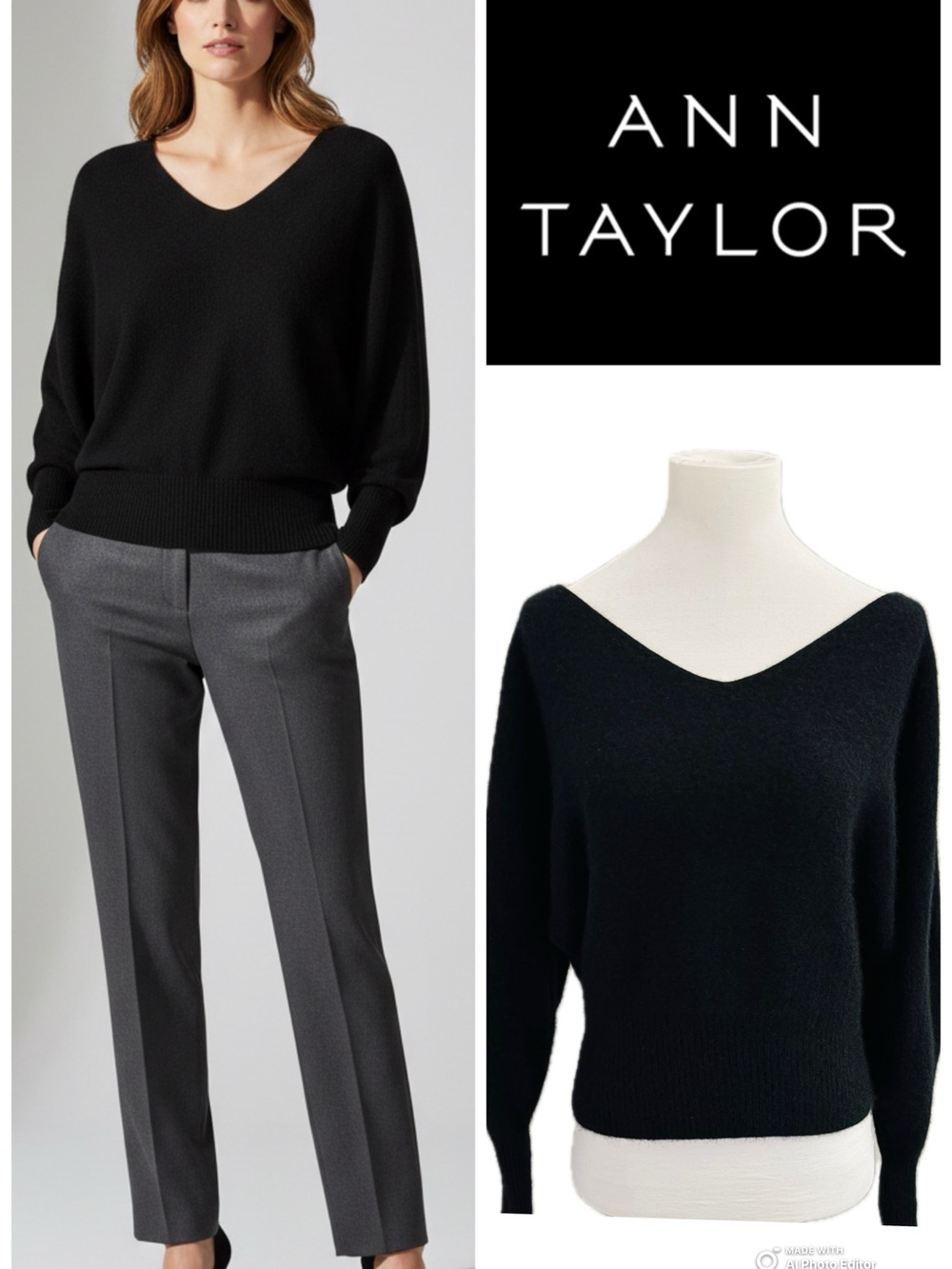 Ann Taylor 100% Cashmere V-Neck Dolman Sweater Black Size S Luxury